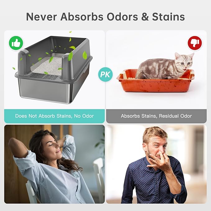 Stainless Steel Cat Litter Box, XL High Sided Open Top Litter Pan, 1 Scoop | Extra Large Litter Box for Big Cats, High Sides, Anti-Urine Leakage, Non-Stick, Odor-Free, Easy Clean, Reduce Litter Tracking