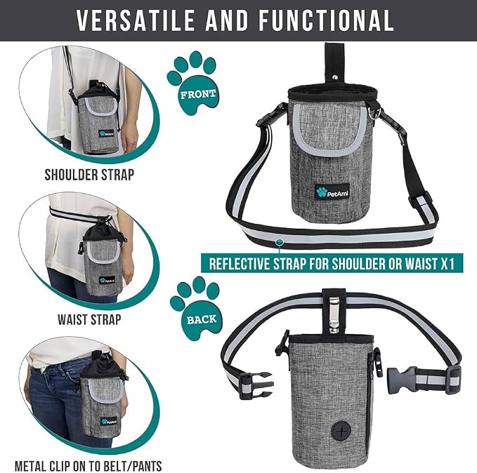 PetAmi Dog Treat Pouch, Large Hands-Free Training Bag, Gray