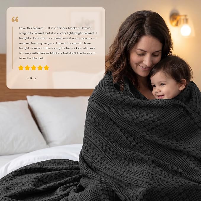 PHF 100% Cotton Waffle Blanket Twin Size, Lightweight Breathable Summer Blanket for Hot Sleepers, Pre-Washed Soft Layer for Bed, Dorm, Couch & Guest Room, Home Decor Gift, 66"x90", Black