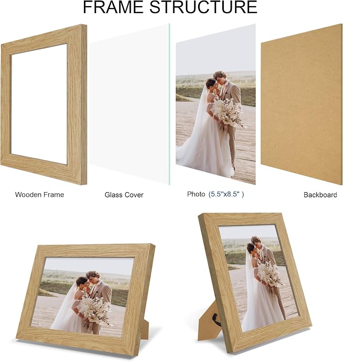Hongkee 5.5 x 8.5 Diploma Frame Set of 4, Made of Real Glass and Natural Oak Frame, 5.5 by 8.5 Photo for Wall or Tabletop