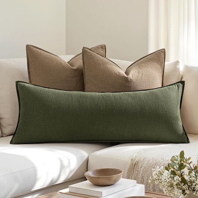 MIULEE Decorative Linen Lumbar Pillow Cover 14x36 Inch Dark Olive Green | Boho Farmhouse Neutral Couch Long Throw Pillow for Bed, Pack of 1 Accent Modern Pillowcase, Sofa Livingroom Home Decor