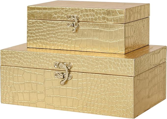 Set of 2 Wooden Decorative Nesting Storage Boxes, Gold Crocodile Leather with Clasp for Home Kitchen Living Room, Ideal Gift for Wedding Memories Jewelry Trinket