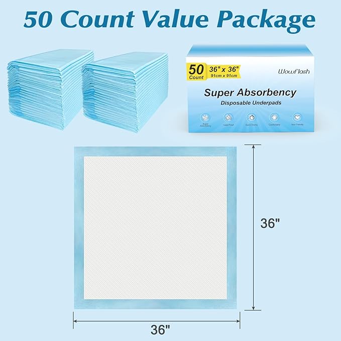 50 Count 36” x 36” Super Absorbency Disposable Underpads | Leakproof Quick Drying, Baby Puppy & Adults Bed Pads Disposable Adults, Dog Pee Pads Extra Large, XXL Incontinence Pads