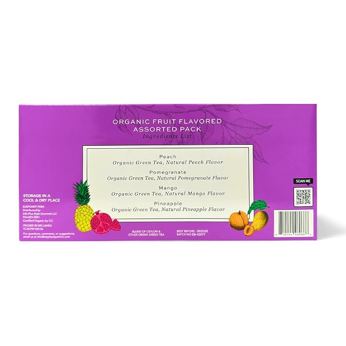 Elephant Park Premium Organic Fruit Green Tea Sampler, 100 Count Assorted Tea Bags, Caffeinated & Herbal Variety Pack Pineapple, Pomegranate, Mango, Peach Flavors