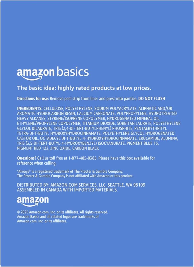 Amazon Basics Daily Pantiliner, Regular Length, Thin Absorbent Feminine Pads for Women, Unscented, 50 Count (Previously Solimo)