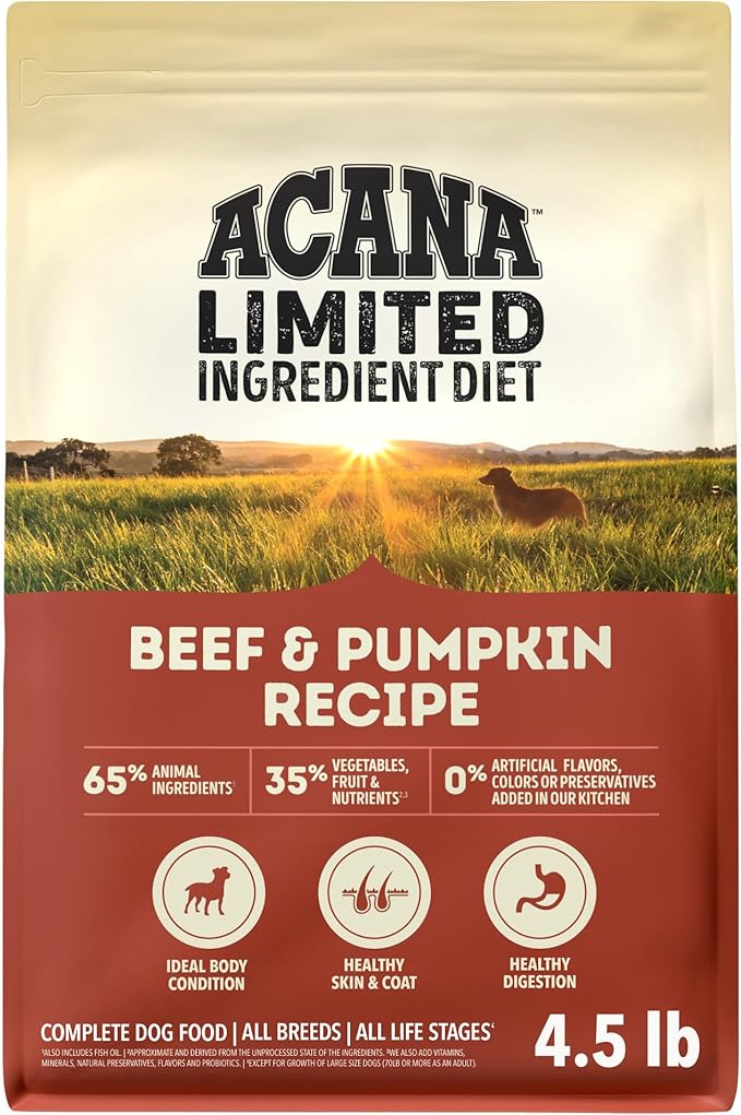 ACANA Singles Limited Ingredient Dry Dog Food Beef & Pumpkin 4.5lb Bag | Freeze Dried, Grain Free, High Protein, Made in the USA, Omega-3 Fatty Acids, Immune Support, Limited Ingredient