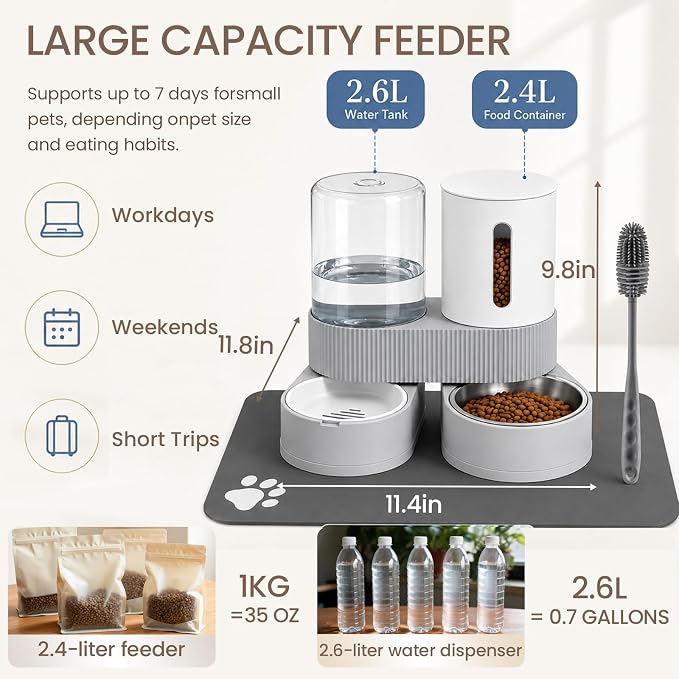 Gravity Cat Feeder 2 Pack Automatic Food Feeder and Water Dispenser Set Detachable Pet Bowl with Silicone Mat and Brush for Cats Small Medium Dogs, Large Capacity(Grey)