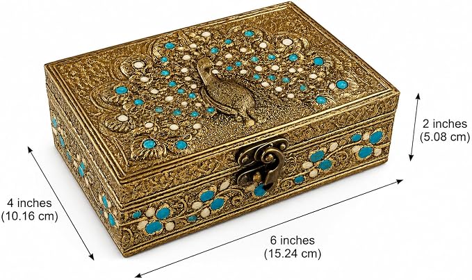 ETROVES 6 inch Jewelry Box - Handmade Portable Treasure Organiser Keepsake - Decorative Memory Storage Case Single Compartment for Women Men Jewel - Vintage Trinket Box (Peacock)