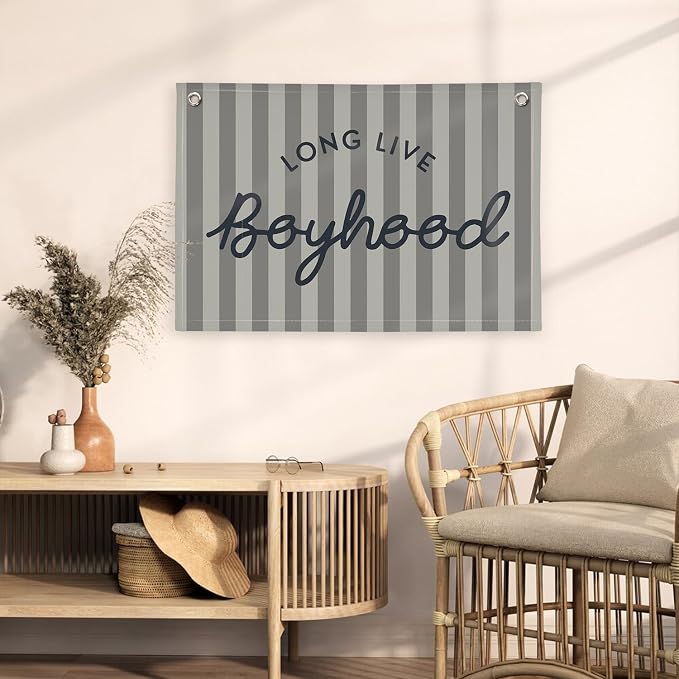 Boys Room Decor, Long Live Boyhood Linen Banner Hanging Flag, Vintage Stripes Banner Nursery Playroom Kids Bedroom Dorm Toddler Decorations Trendy Room Decor, Gifts for Teens 30x20 boyroom