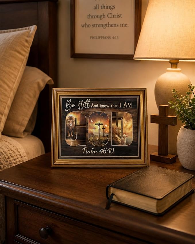 Gold Framed Wall Art, Christian God Canvas Prints, Lion and Lamb Cross Picture Wall Decor, Religious Bible Verse Artwork for Living Room Bedroom 12x16 inch