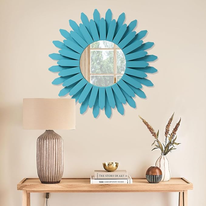 Beach Wall Decor Mirror 21 inch Wood Coastal Wall Decor Sunburst Boho Home Decor Room Decor for Bedroom Living Room Entryway Cyan