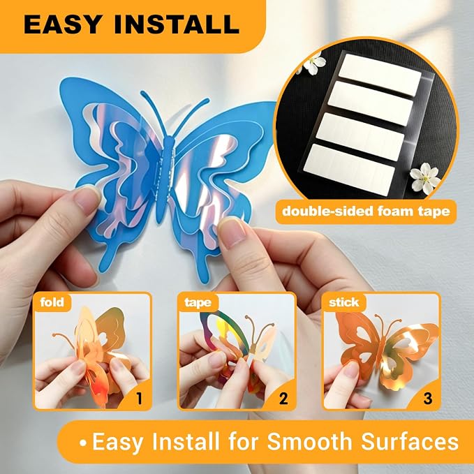 Glow in the Dark Holographic Butterfly Wall Decorations Luminous Color-Changing 3D Butterflies, Multi-Size & Multi-Color, Glowing Wall & Party Decor for Bedroom, Wedding, Garden, Event