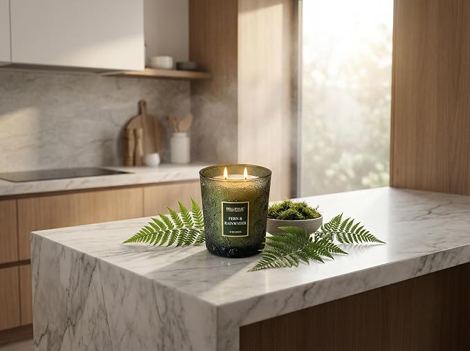 Bellevue Luxury Candles, 12 OZ Soy Blend Candle, Embossed Glass, Fragrances formulated with Essential Oils, Home Fragrances, Scented Candles Gift Set ǀ Scent: Fern & RAINWATER