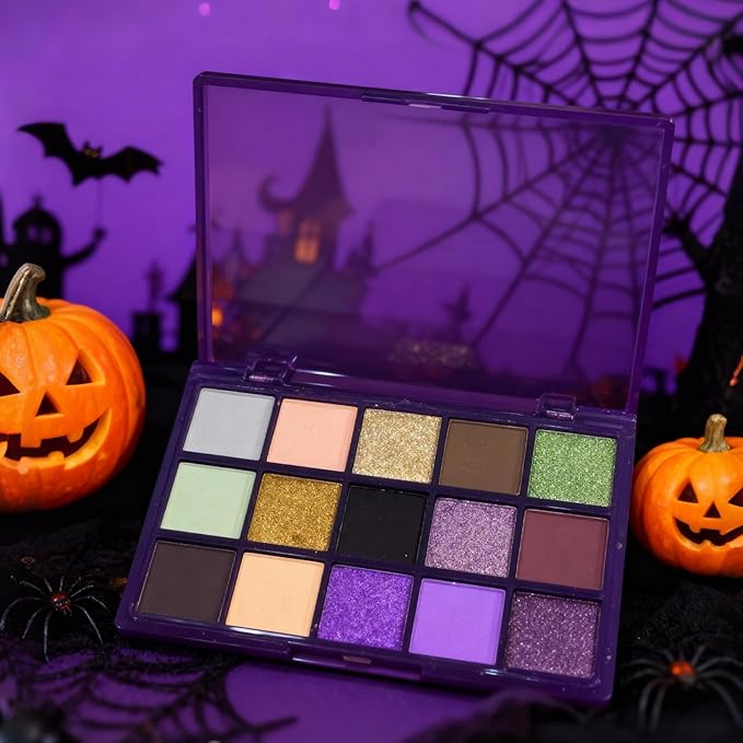 Erinde Purple Eyeshadow Palette, 15 Colors Violet Lavender Green Smokey Eye Shadow Pallet, Matte Shimmer Metallic Glitter, Highly Pigmented Blendable Makeup Kit for Cosplay, Halloween & Parties