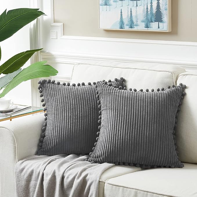 Fancy Homi Pack of 2 Dark Gray Decorative Throw Pillow Covers 22x22 Inch with Pom-poms for Couch Bed Living Room, Soft Corduroy Solid Square Cushion Case 55x55 cm, Farmhouse Boho Home Décor
