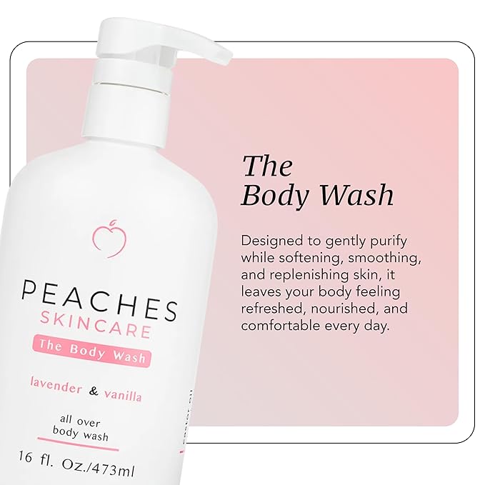 Peaches Skin Care Body Wash with Lavender and Vanilla - Gentle, Sulfate-Free Cleanser for Soft, Smooth-Looking Skin - Daily Body Wash for Men and Women, 16 oz