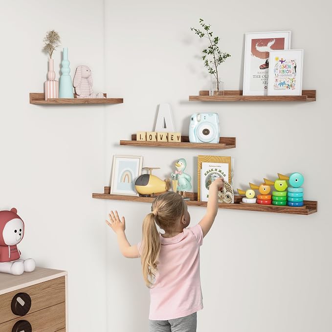 Picture Ledge Shelf, Floating Shelves for Wall, 24" W Set of 2, Walnut | FSC Certified Engineered Wood, Wall Mounted Bookshelf, for Nursery Living Room Bedroom, Pre-Drilled, Easy Install