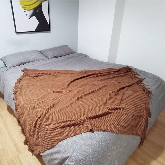 LOMAO Knitted Throw Blanket with Tassels Bubble Textured Lightweight Throws for Couch Cover Home Decor (Caramel, 50x60)