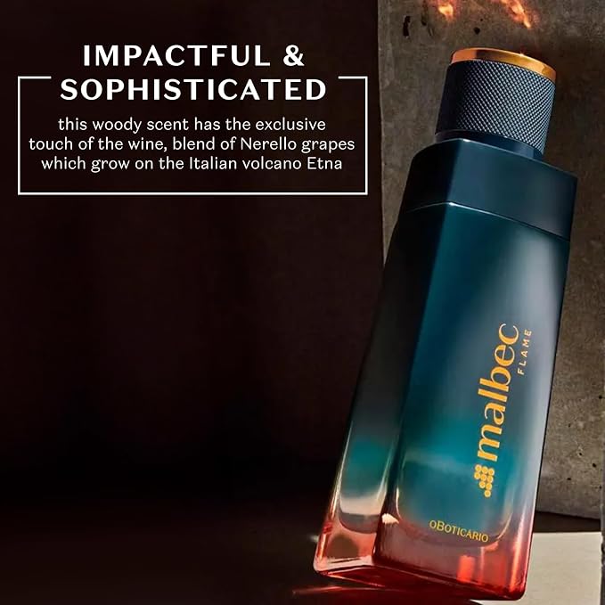 Malbec Flame Eau De Toilette by O Boticário, Cologne For Men, French Oak Barrel-Aged Red Wine & Woody Nerello Grape Scent, 3.4 Ounce