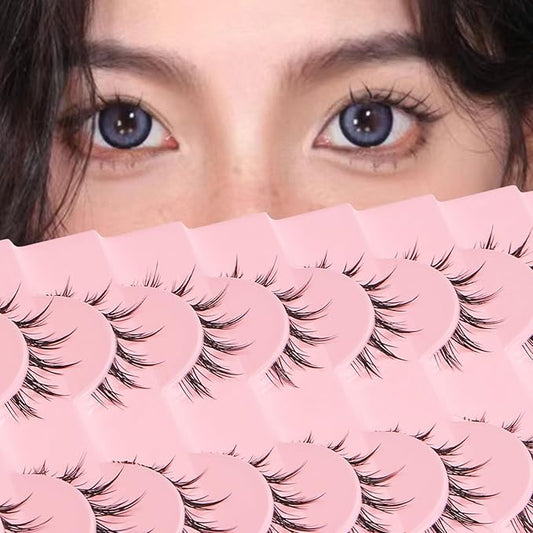 outopen 10 Pairs Manga Lashes Natural Look False Eyelashes Wispy Spiky Anime Lashes Korean Japanese Asian Style Cosplay Fake Eyelashes with Clear Band