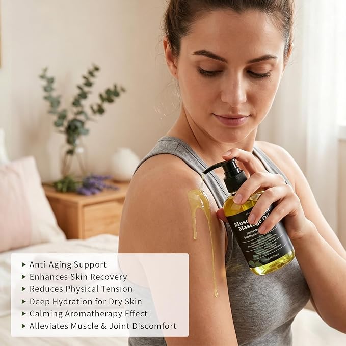 Massage Oil for Body Muscle Recovery & Fatigue Relief with Eucalyptus, Coconut & Sweet Almond Oil Collagen-Infused Refreshing Aromatherapy & Moisturizing Body Oil for Women and Men 6.76 FL OZ / 200 mL