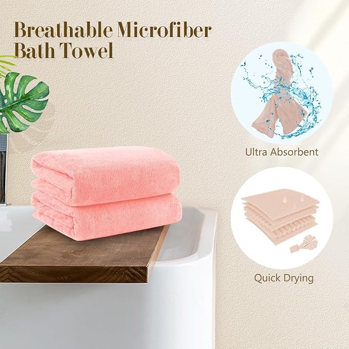 Orighty Microfiber Bath Towels Pack of 4(27'' x 54'') - Soft Feel, Highly Absorbent, Quick Drying for Body, Sport, Yoga, SPA, Fitness - Pink