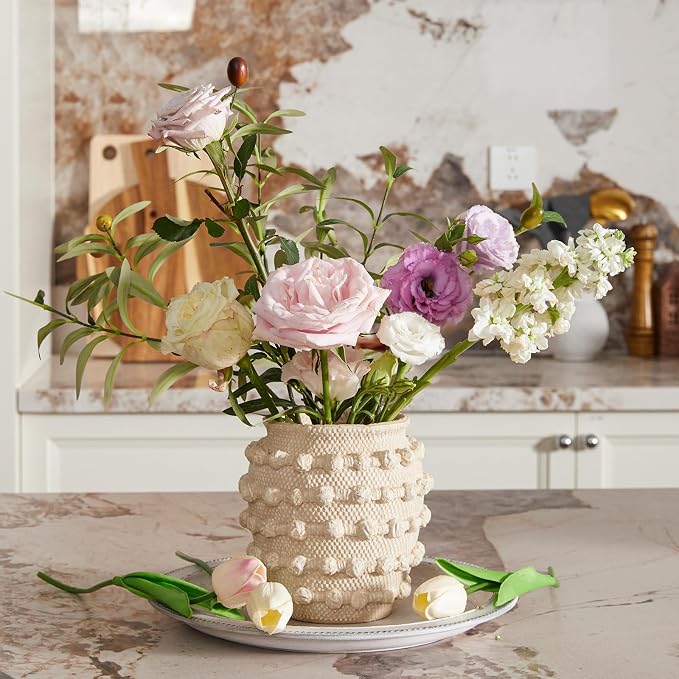 DN DECONATION Beige Flower Vase, 6.3" Farmhouse Boho Vase for Home Decor | Textured Rustic Small Vase, Cement Decorative Flower Vases with Rope Knots for Living Room, Table Centerpiece, Shelf, Mantel