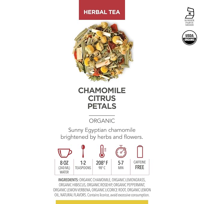 Teabloom Organic Herbal Tea, Chamomile Citrus Petals Loose Leaf Tea, Relaxing Chamomile Blend, USDA and EU Certified Organic, Fresh Whole Leaf in Reusable Gift Canister, 1.41 oz/40 g Canister Makes 35-50 Cups