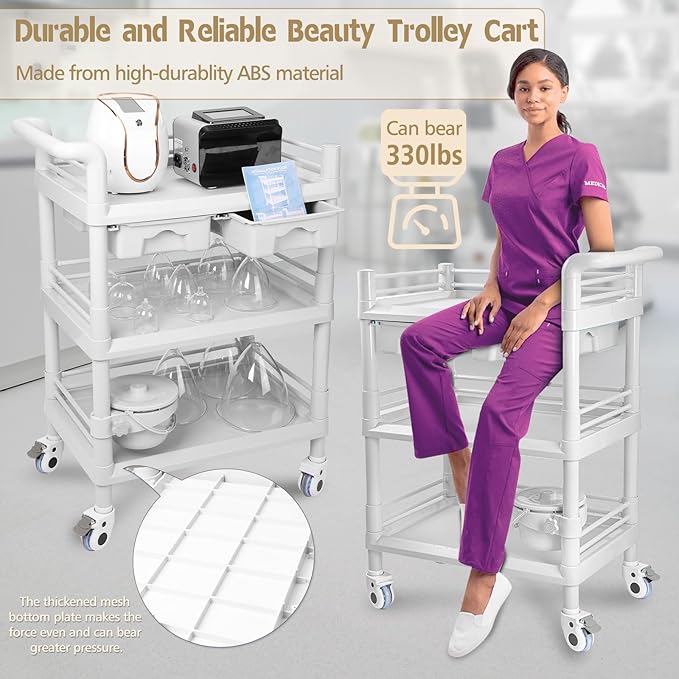 Beauty Trolley Cart with Wheels, Esthetician Cart with Handrail, Bucket and 2 Big Drawer, 3 Tier Heavy Duty Vacuum Therapy Machine Trolley, Load 330lbs, 360° Rotate Silent Wheels