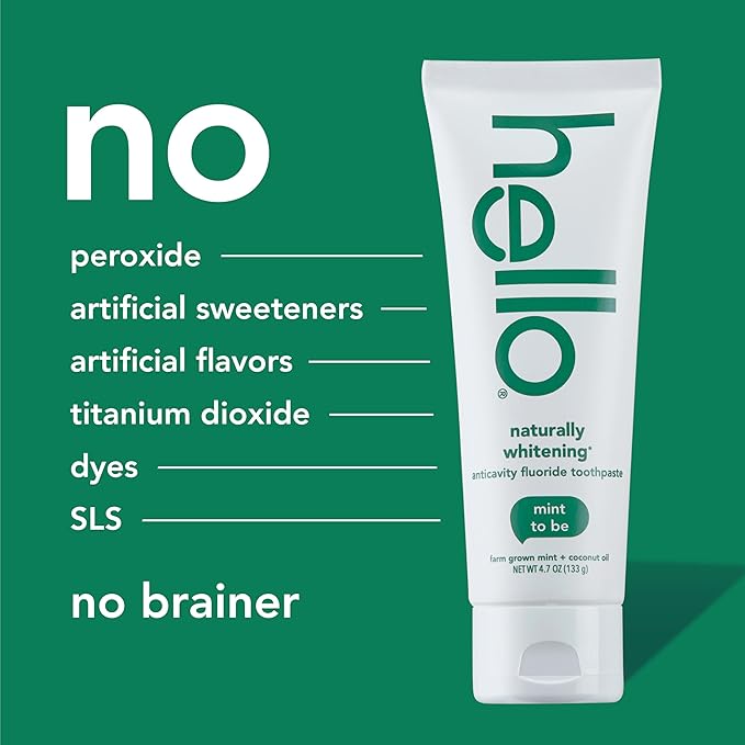hello Naturally Whitening Fluoride Toothpaste, Natural Whitening Toothpaste with Coconut Oil and Tea Tree Oil, Tames Bad Breath, Helps Moisturize, and Fights Cavities, Mint, 3 Pack, 4.7 Oz Tubes