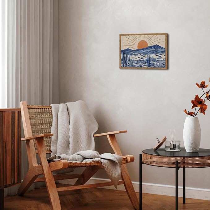 Vintage Western Desert Wall Art Boho Mexican Cactus and Sun Wall Decor Painting, Abstract Blue Southwestern Landscape Poster Canvas Prints Artwork for Living Room Bedroom 16x24 inch Wood Framed