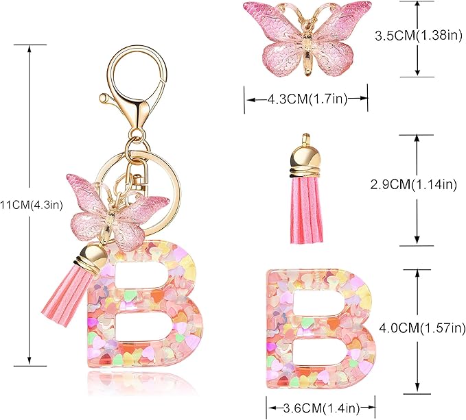 Fashion Alphabet Initial Letter Keychain Tassel Butterfly Pendant Key Ring for Purse Handbags Women Girl