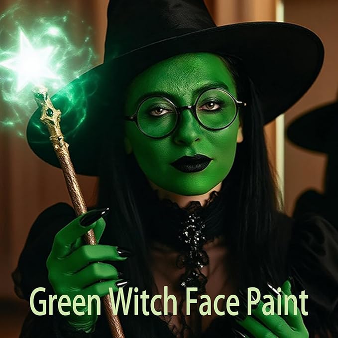 Green Witch Makeup Kit,Elphaba Costume Face Paint,Black Green Yellow Face Paint with Setting Powder,Halloween SFX Scar Wax Putty Wound Makeup,Frankenstein Gamora Hunting Hulk Body Paint