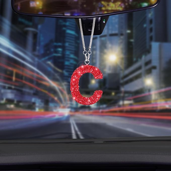 Bling Rear View Mirror Hanging Accessories, Crystal Rhinestone Diamond Car Charms for Rear View Mirror Letter C, Cute Lucky Red Bling Car Accessories for Women (Red,C)