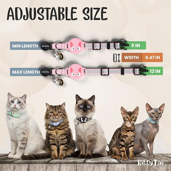 AirTag Cat Collar – Breakaway Reflective & Waterproof Collar with Built-in Holder, Adjustable with Bell for Indoor/Outdoor Cats – AirTag Not Included, Cherry Blossom (9-12")