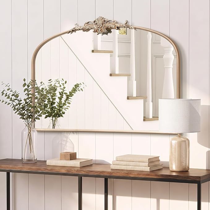 Besdomus Antique Gold Wall Mirror: 32"x24" French Arched Decorative Mirrors | Vintage Baroque Ornate Arch Metal Framed for Mantel/Hallway/Bathroom Vanity/Dresser/ - Ideal Gifts for Holiday/Birthday