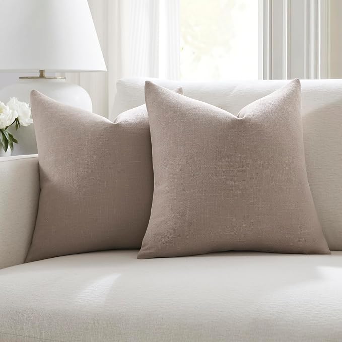 Meekio Set of 2 Smokey Taupe Throw Pillow Covers 16x16, Modern Farmhouse Linen Blend Decorative Pillow Covers for Couch Sofa Bed, Neutral Home Decor