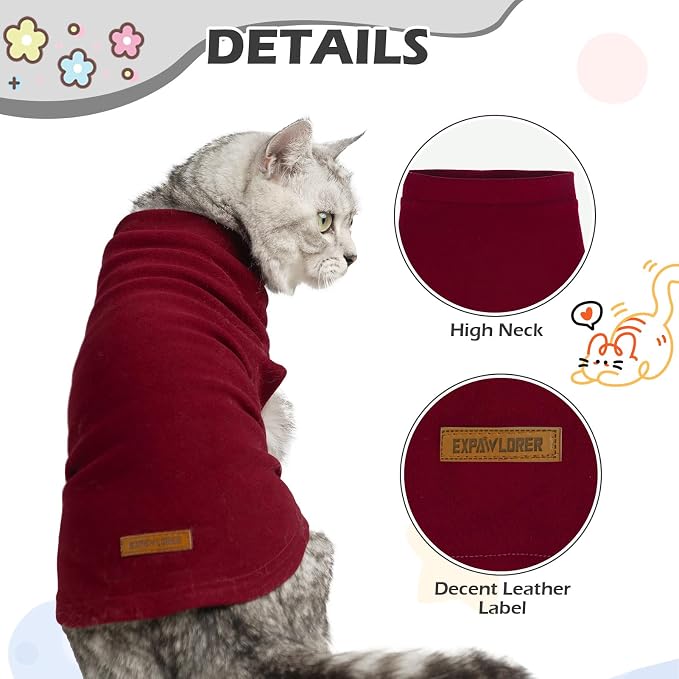 Cat Sweater Warm Fleece Pet Clothes for Cats Only | Soft Cat Vest Puppy Hoodie Coat, Fall Cold Winter Sweatshirt Pullover Clothing also for Small Dogs, Wine Red M