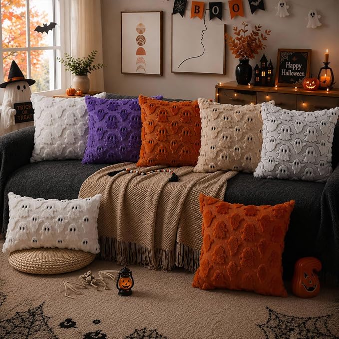 DFXSZ Halloween Pillow Covers 16x16 inch 2Pcs Beige Ghost Halloween Decor | Halloween Decorations Set of 2 Throw Pillow Cases Plush Faux Fur Wool Cushion for Chair Sofa Bedroom Living Room Home Decor