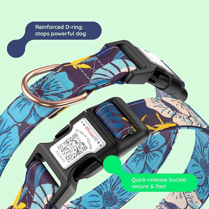 Airtag Dog Collar,with Waterproof airtag Holder，Original Stylish Cute Pattern Design.QR Code ID Buckle，Comfortable Soft Cotton for Small Medium Large Dogs