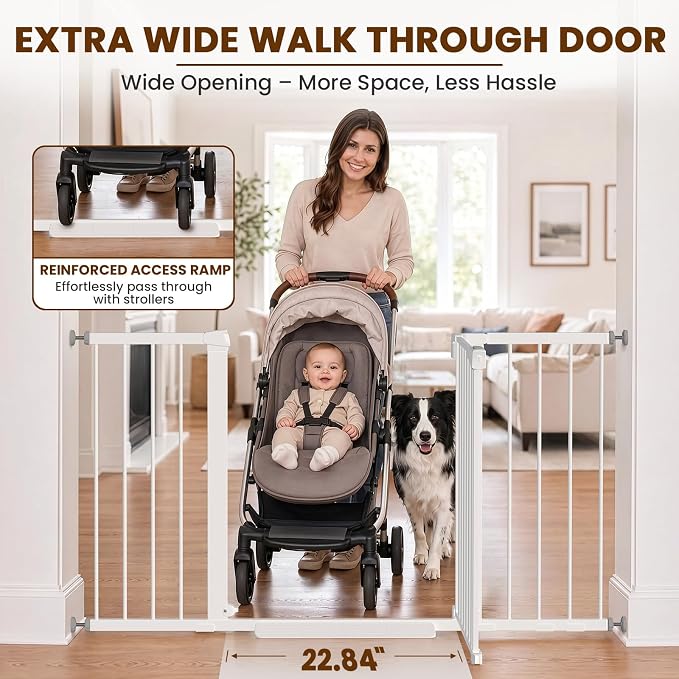 Mumeasy 29.7-54.2" Baby Gate for Stairs, Pressure Mounted Dog Gate for Doorways, Extra Wide Walk Thru Safety Pet Gate for Doors with Auto Close, Easy Install Child Gate for Hallway Indoor House, White