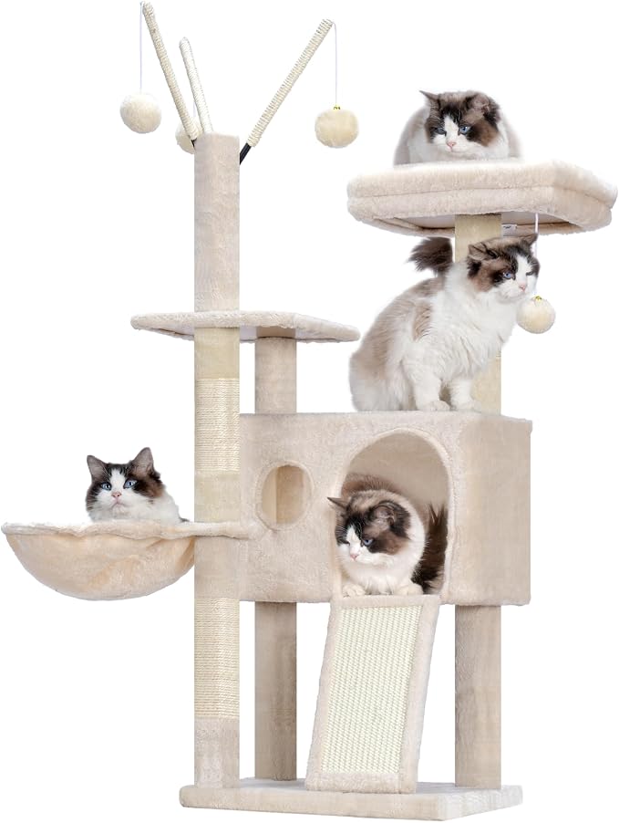 Hey-brother Cat Tree Tower with Removable Toys, Scratching Posts, MPJ008SM | 41.3 Inches Plush Cozy Condo with Platform, Hammock, Sisal Scratch Board and Ball for Indoor Cats, Beige