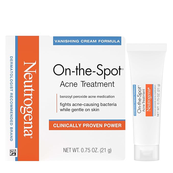 Neutrogena On-The-Spot Acne Spot Treatment Cream with 2.5% Benzoyl Peroxide, Gentle Face Blemish Medicine for Acne-Prone Skin, Vanishing Formula, Clinically Proven Day-1 Results, 0.75-Ounce Tube