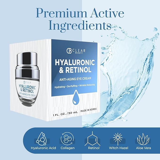 Clear Beauty Hyaluronic Acid & Retinol Eye Cream - Hydrating, Anti-Aging & Reduces Dark Circles & Puffiness - Dermatologist Tested, Cruelty-Free Korean Skin Care for All Skin Types - 1.01 Fl. Oz