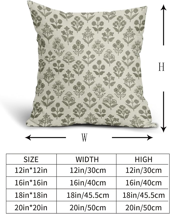 Olive Green Floral Pillow Covers 16x16 Inch Set of 2, Vintage Flower Block Print Pattern Decorative Throw Pillowcases Outdoor Farmhouse Cushion Covers Spring Summer Rustic Sofa Couch Bed Decor