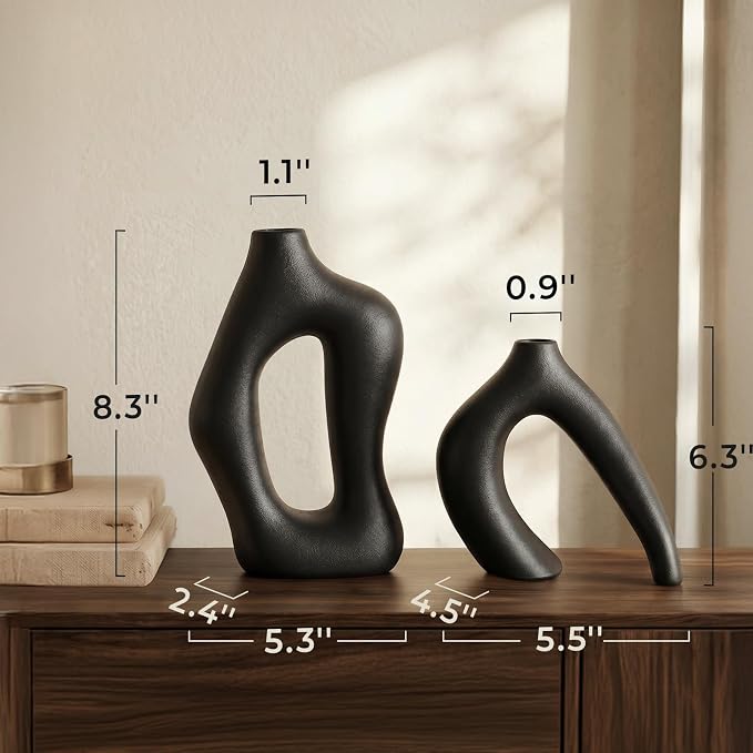 Dowan Black Vases for Decor,Hollow Ceramic Vase Set of 2,8.3" Nordic Modern Boho ins Style Decorative Ceramic Aesthetic Flower Vase for Home Decor Modern Minimalist Table, Entryway Centerpieces