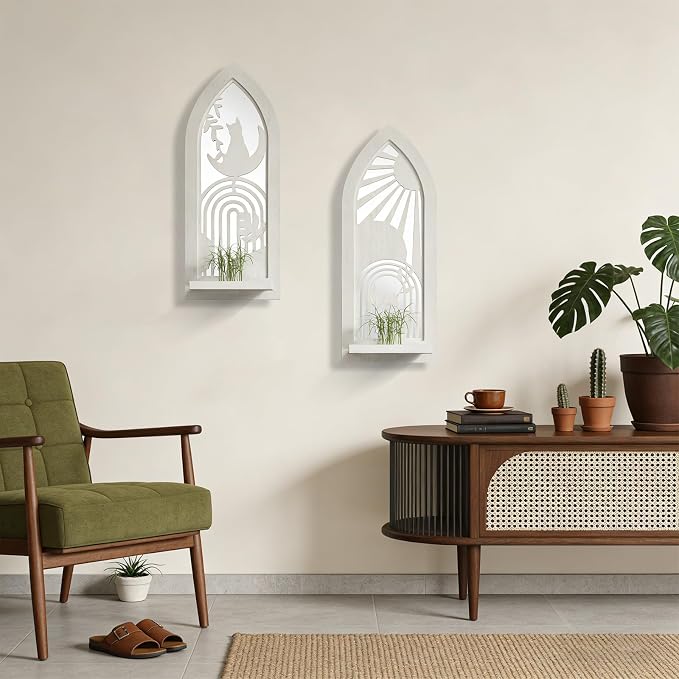 ZEXUIRU 2 Set Rustic Candle Sconces Living Room Bedroom Entryway Wood Mirrored, Farmhouse, Carved Frame Wall-Mount Wooden Candle Holders Wall Decor Hanging Handmade Holder - Distressed White