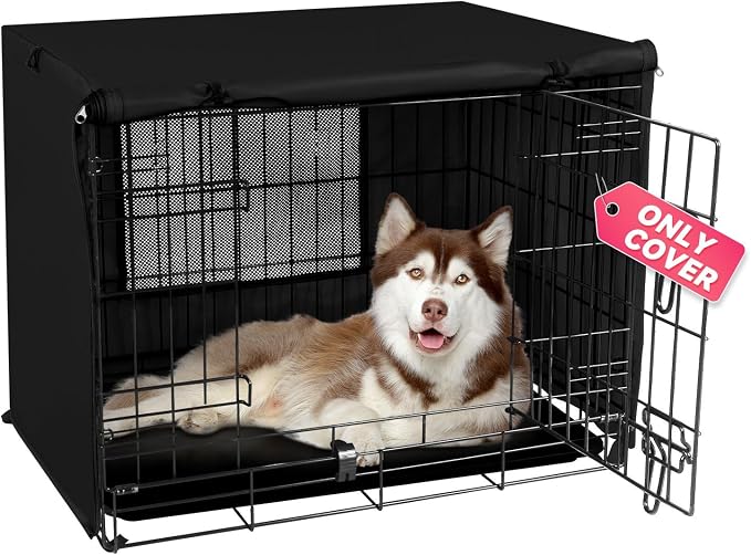 Seiyierr Dog Crate Cover, 30 Inch Dog Kennel Cover for Medium and Large Dog, Lightweight 600D Polyester Fabric, Double Door Wire Dog Crate Cover, Machine Wash & Dry, Black
