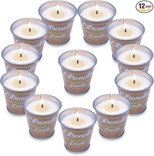 12 Pack Citronella Candle Set Made with Citronella Oils and Natural Soy Wax, 140 Hour Burn Time, 2 oz Small Coffee Brown Bucket Candles for Patio, Home, Backyard, Camping