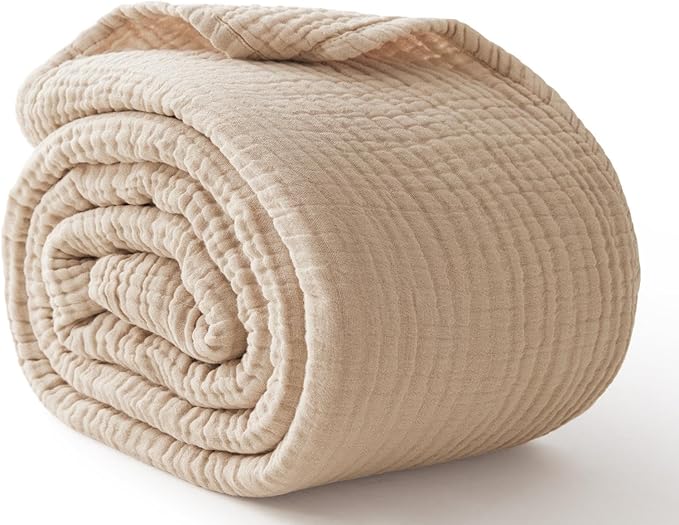 100% Cotton Muslin Blanket 40" x 40", Breathable and Lightweight Cotton Throw Blankets, Soft Cooling Summer Gauze Blanket for All Season, Beige